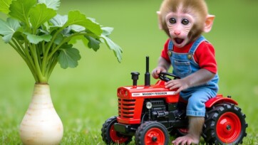 Monkey driving tractor to hot his house in winter